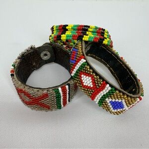 Lot of 3 Handmade Boma Maasai Beige Gold Beaded Leather Bracelets Small Petite